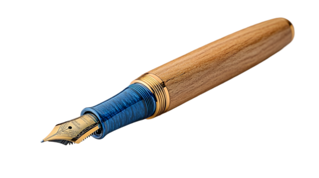 Blue and Brown Wooden Pen with Gold Accents - Realistic Image