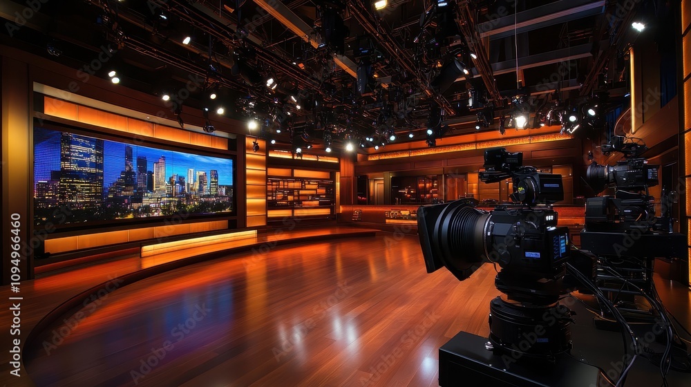 Poster a professional television studio setup with cameras and a large display screen.