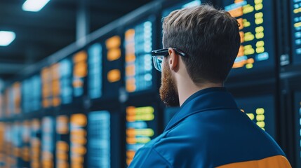 Man Monitoring Data on Multiple Screens in Control Room