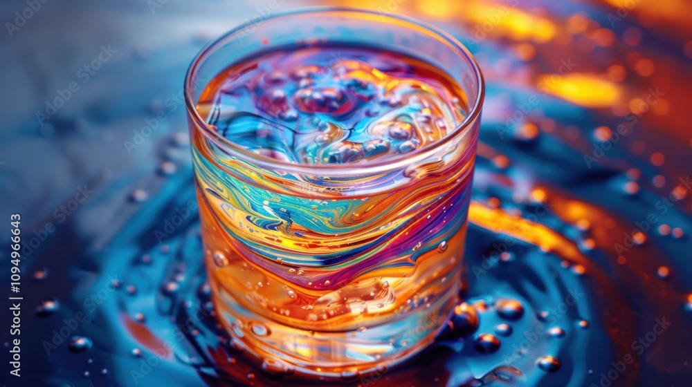 Aufkleber a colorful drink swirls in a glass, creating a vibrant visual effect on a reflective surface.