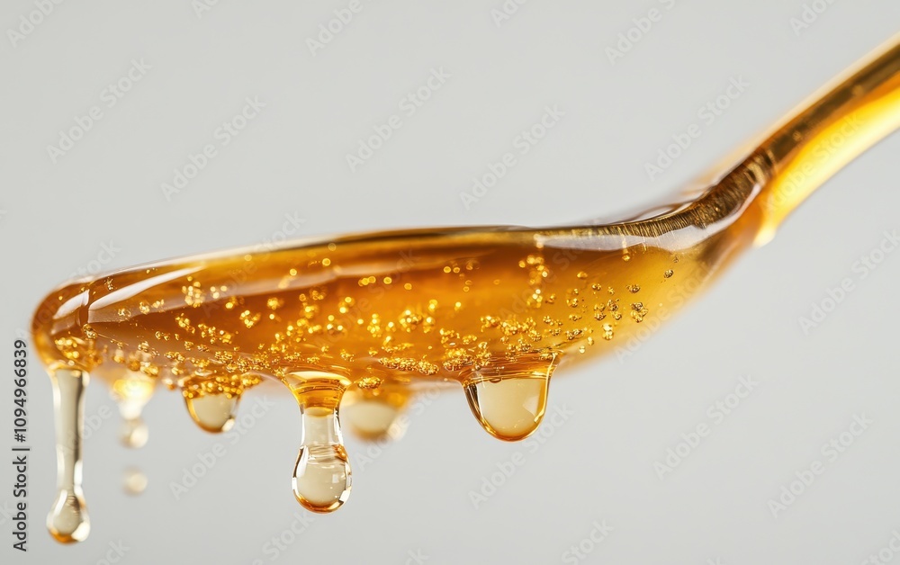 Poster close-up of delicious honey flowing over a spoon, capturing the rich texture and color with bubbles 