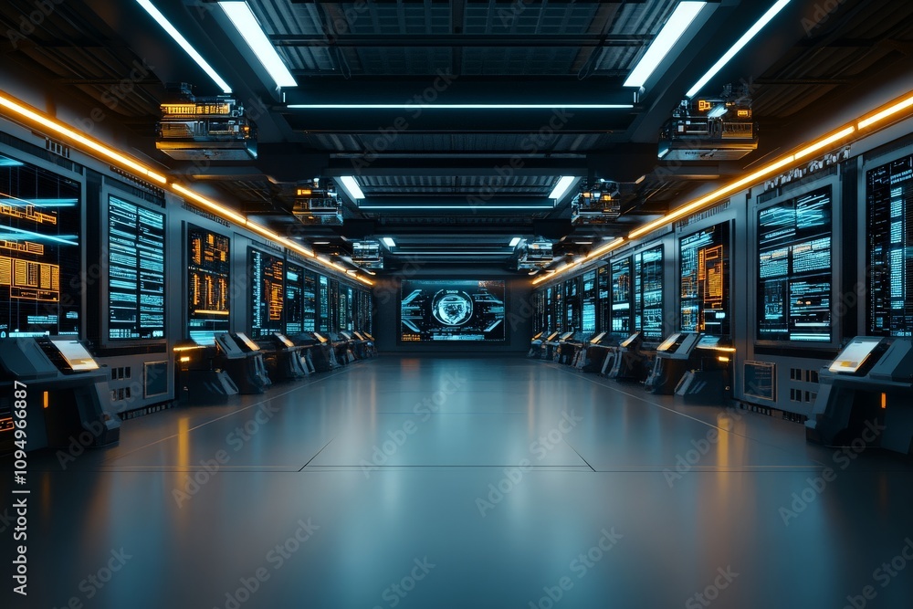 Poster a futuristic control room with a myriad of digital screens displaying data, evoking themes of techno