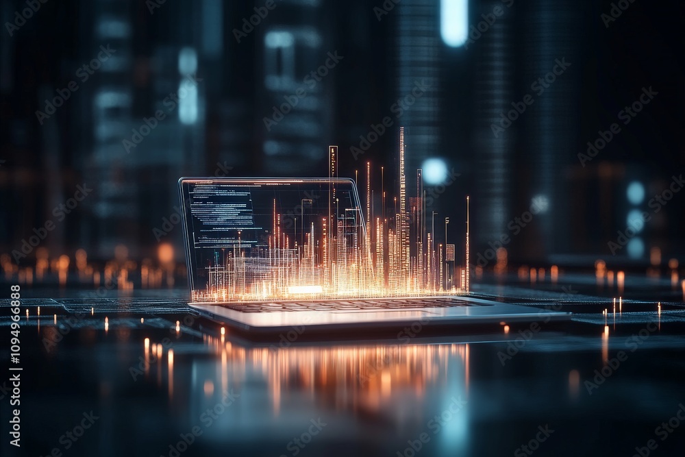Poster an advanced digital imagery scene showing a holographic city graph emerging from a laptop, highlight