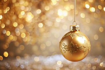 Elegant Golden Ornament Hanging Against a Soft Neutral Background for Festive Decoration with Copy Space for Holiday Designs and Celebrations