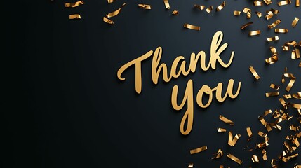 Thank you card featuring artistic celebration elements. A stylish "Thank You" message in gold lettering against a dark background, adorned with golden confetti.
