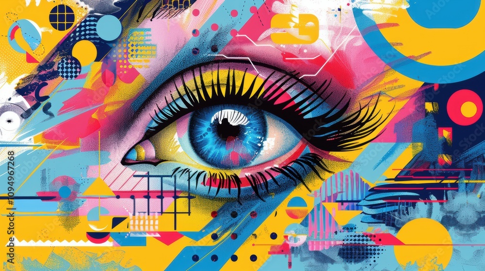 Poster whimsical eye doodle poster surrounded by colorful geometric shapes and abstract patterns for modern