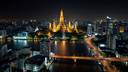 Obraz premium Illuminated Wat Arun Temple at Night in Bangkok City
