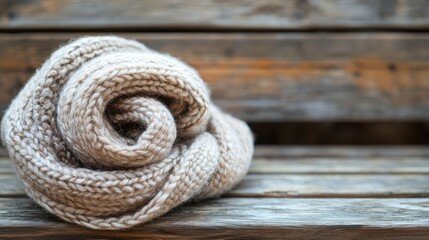 Obraz premium Cozy and Soft Hand-Knitted Cream Yarn in a Neat Spiral Shape on a Rustic Wooden Surface Perfect for Winter and Comfort Themes