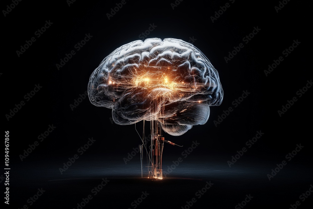 Poster a digital representation of a human brain with illuminated neural pathways, symbolizing technology a