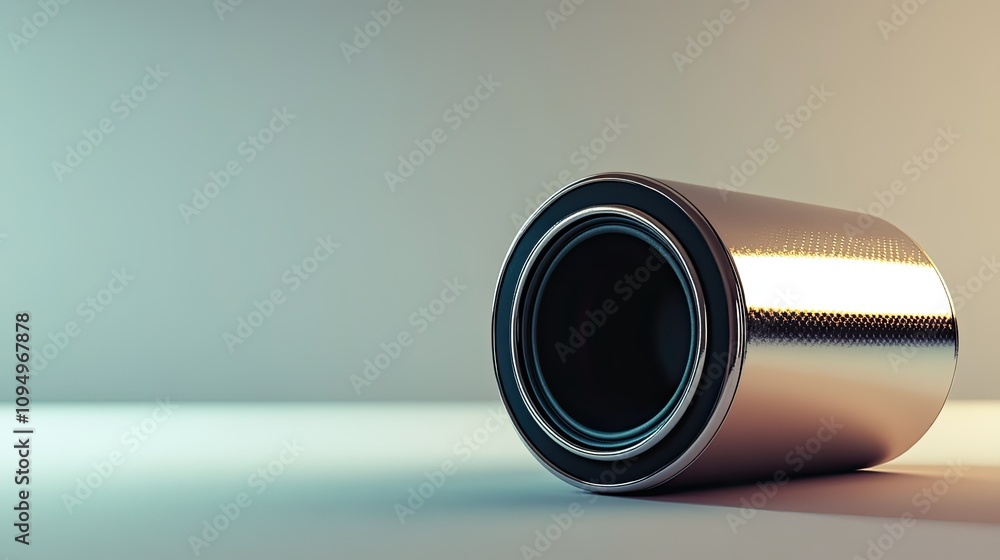 Aufkleber close-up view of a metallic canister with a smooth surface and a shiny finish on a softly lit backgr