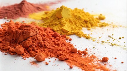 Vibrant Holi powder scattered across a pristine white background with shades of orange and yellow hues dominating the scene, decorative art, vibrant colors, holi powder