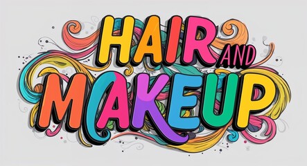 Hair and makeup artistic colorful style lettering on plain white background