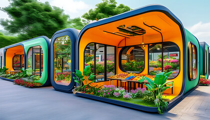 Obraz premium Sustainable modular prefab homes with vibrant colors and greenery