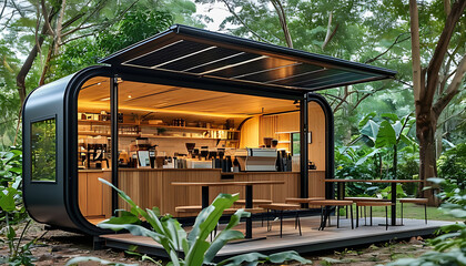 modern solar powered modular cafe in lush green setting, inviting and eco friendly