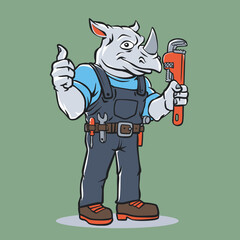 Rhino Plumber Cartoon Mascot Vector Illustration