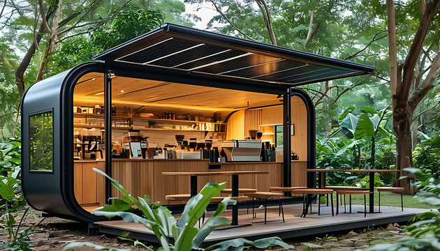 modern solar powered modular cafe in lush green setting, inviting and eco friendly