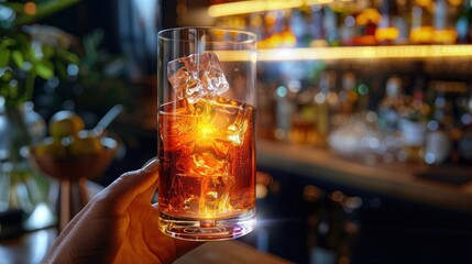 A hand holding a glass of a drink with ice, illuminated in a bar setting.