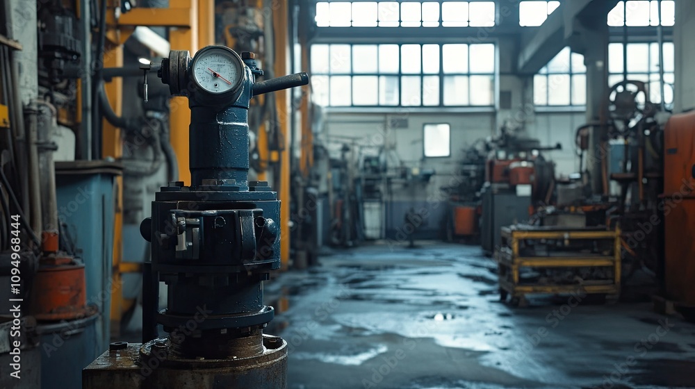 Poster industrial pump in a factory setting with a focus on machinery and equipment in a dimly lit environm