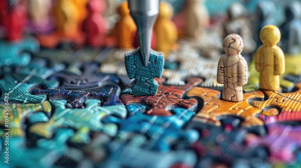 Poster a close-up of a colorful puzzle with figurines and a pen, symbolizing creativity and problem-solving