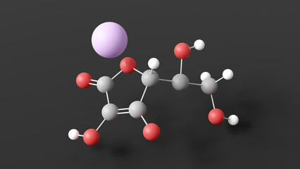 sodium ascorbate molecule 3d, molecular structure, ball and stick model, structural chemical formula antioxidant e301
