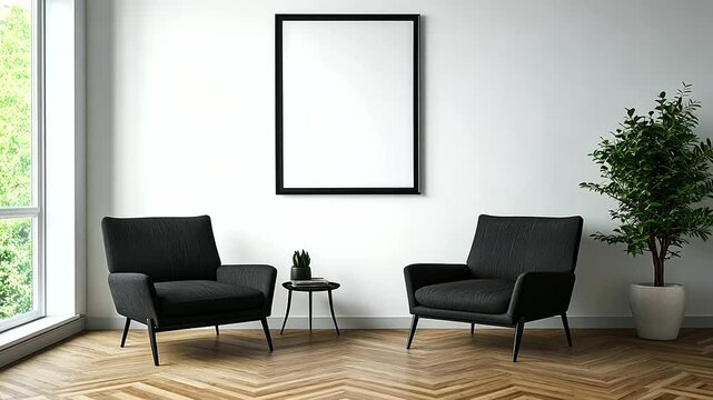 Modern Scandinavian living room featuring two cozy armchairs, a framed poster on a bright white wall, and minimalist decor touches that bring warmth and a sense of balance.