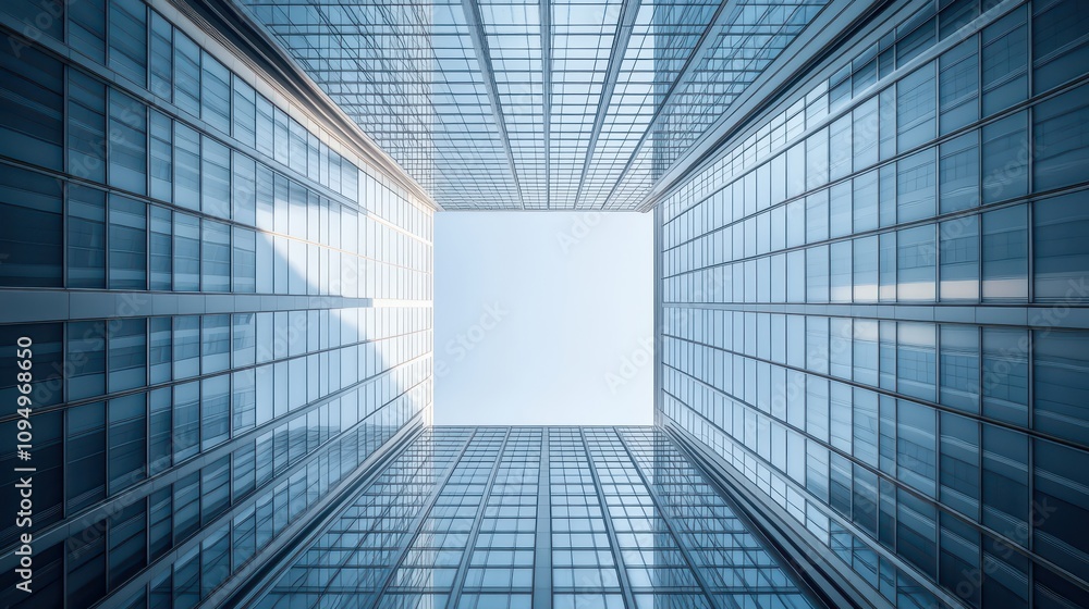 Poster a stunning view of skyscrapers framing a bright sky from a ground perspective in an urban setting wi
