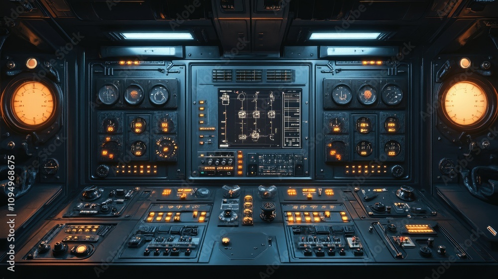 Poster control room dashboard with various instruments and buttons, highlighting innovative technology and 