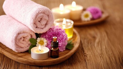 Relaxing spa treatment experience with candles essential oils and towels in a cozy setting for ultimate wellness