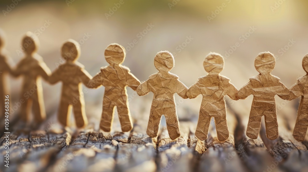 Poster a line of paper figures holding hands, symbolizing unity and connection.