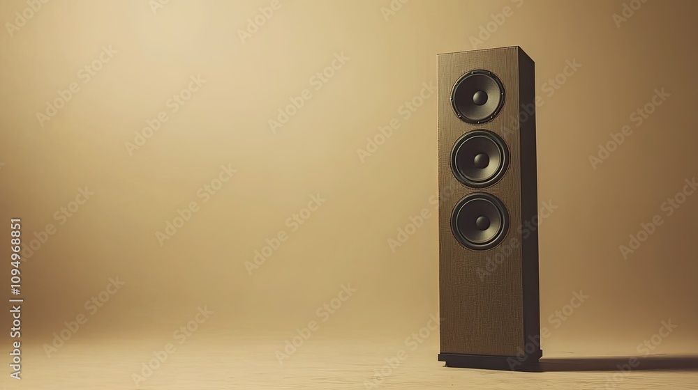 Aufkleber elegant wooden floor standing speaker with three key components and a minimalist design set against 