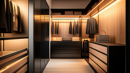 Fototapeta premium Modern wardrobe design featuring elegant storage solutions and stylish lighting for a luxurious look.