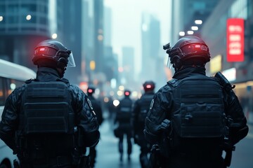 A team of tactical officers in futuristic gear patrolling a bustling urban cityscape, showcasing advanced security measures in a modern metropolis setting.