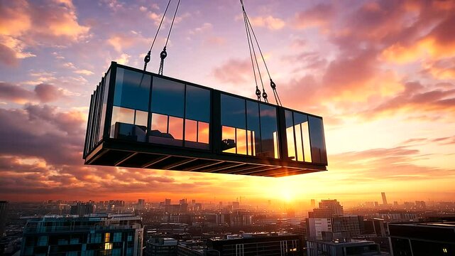 Modular container unit with glass walls and sleek design, carefully lifted by a crane into an urban apartment building, set against a sunset sky.