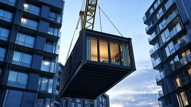 Modular living container with integrated balcony, lifted by crane as it nears its place in a city apartment, blending modern design and functionality.