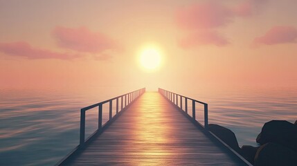 Serene Sunset View from a Wooden Pier on Calm Water with Soft Clouds Casting Reflection at Dusk, Creating a Tranquil Atmosphere for Relaxation and Reflection
