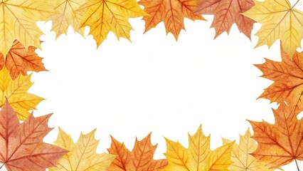 Fototapeta premium Watercolor yellow and orange maple leaf designs in a geometric pattern border, borders, illustrations, maple, orange, yellow
