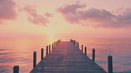 Fototapeta premium Serene Wooden Pier Leading Into Tranquil Waters at Sunset, Bathed in Soft Pastel Colors, Creating a Calming and Dreamy Atmosphere for Visual Escapes