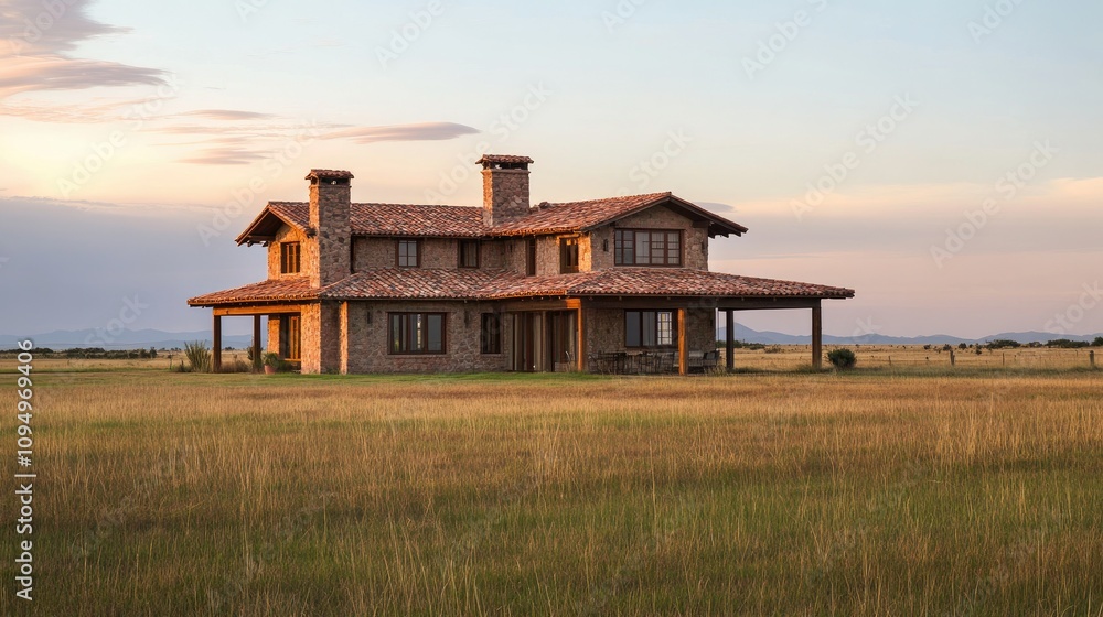 Poster serene rustic house in a vast open field under soft golden hour light, capturing tranquility and nat