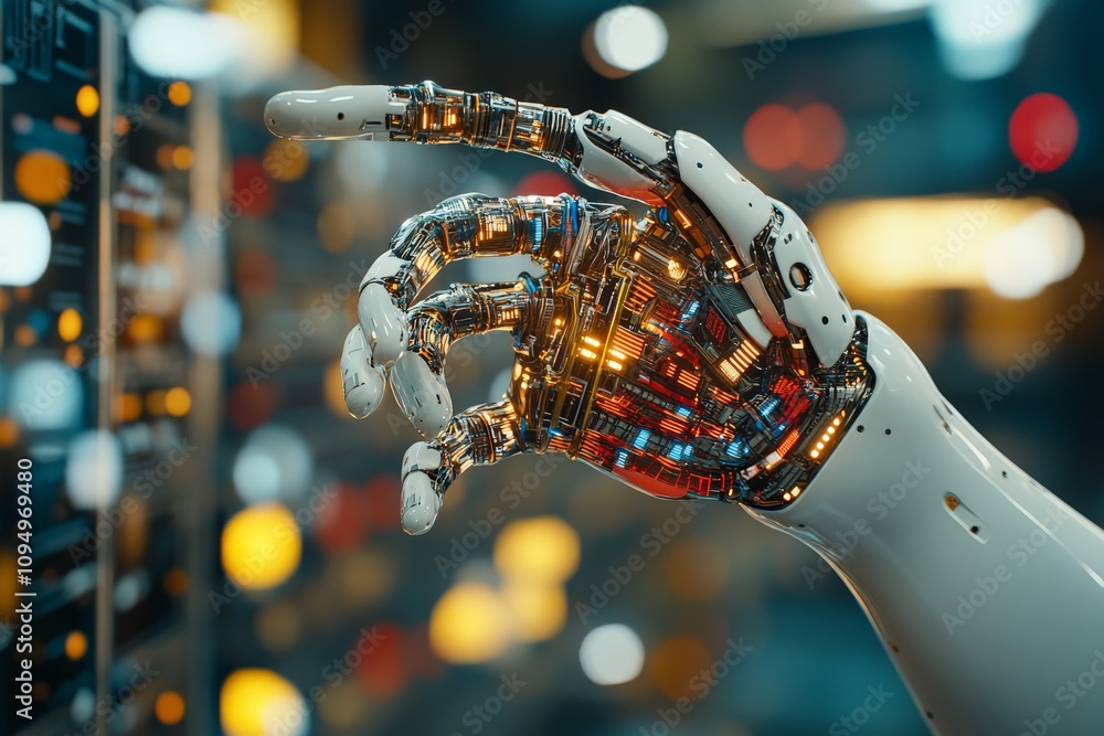Poster a highly detailed robotic hand extends towards a futuristic display of data, symbolizing human-machi