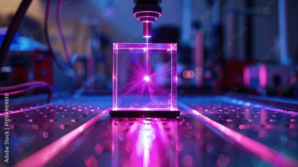 Aufkleber a laser interacts with a transparent cube, creating vibrant light patterns.