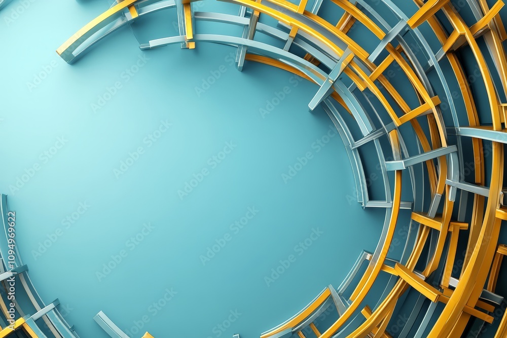 Poster dynamic abstract image featuring interwoven yellow and blue curved structures forming concentric rin