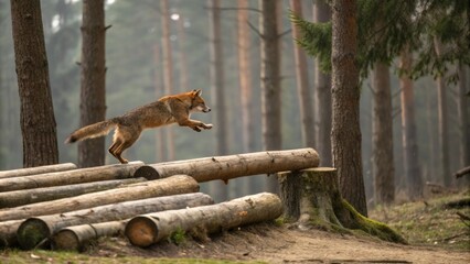 A Therian practicing their jumping skills by leaping between spacedout logs showcasing impressive agility amidst the backdrop of towering trees.