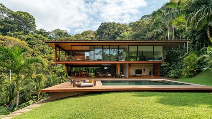 Fototapeta premium Modern glass house nestled in tropical landscape with lush greenery and serene swimming pool reflecting vibrant sky and surrounding nature