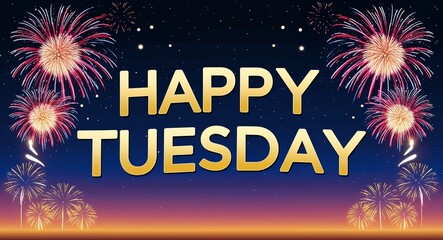 happy Tuesday lettering design on night sky with fireworks background new year party concept