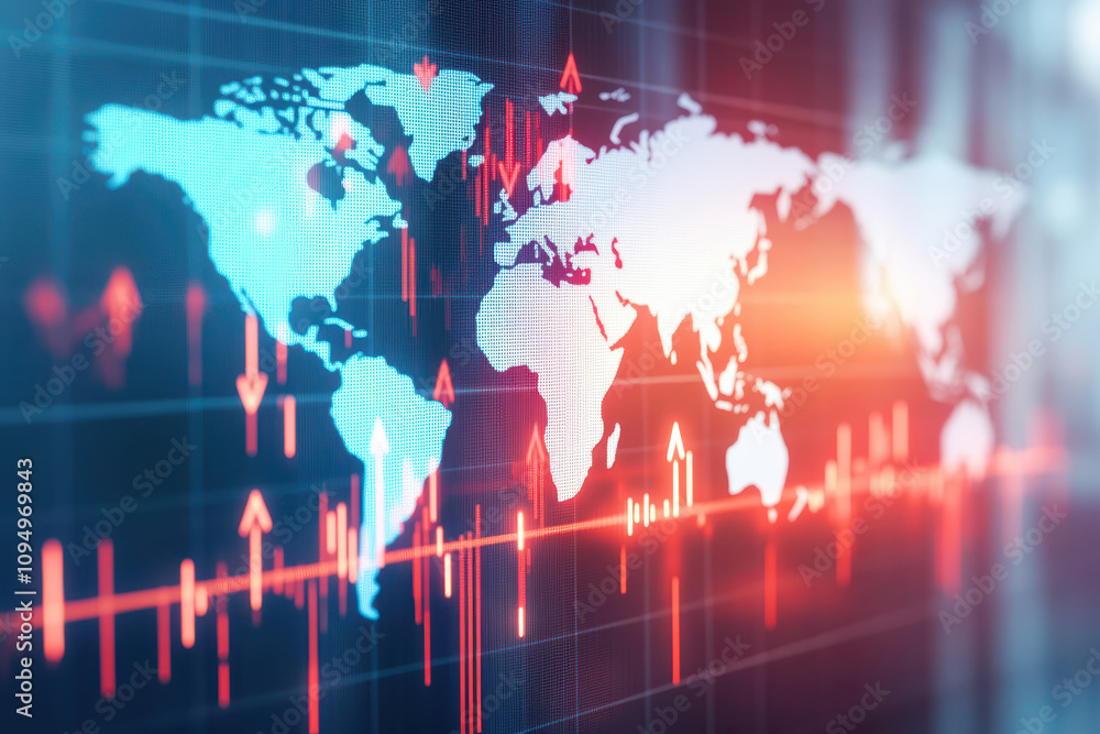 Poster stylized global map with dynamic data visualization, showcasing interconnectedness and financial tre
