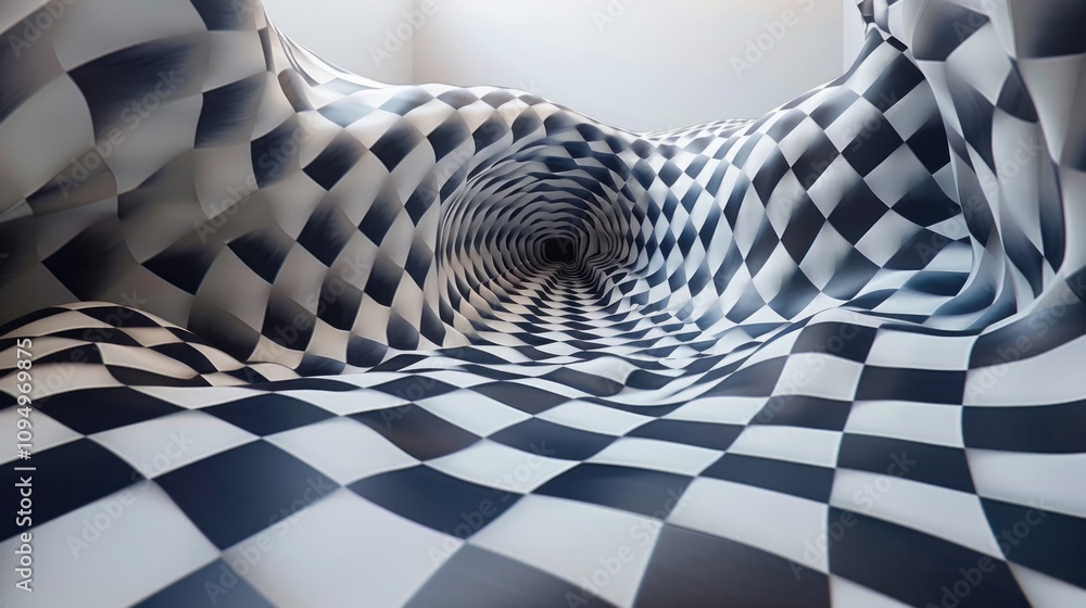 Poster a surreal, warped tunnel with a checkered pattern creating an optical illusion.