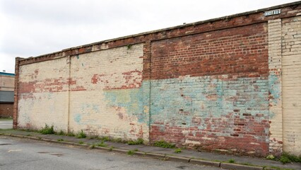 Weathered Brick Wall with Faded Color Splotches, weathering effects, faded colors, urban decay, wall texture, brick