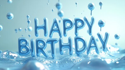Glossy blue 3d happy birthday text with droplets on water surface