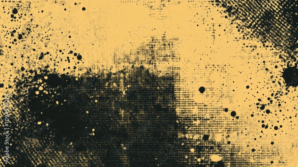 Poster abstract splash of black and yellow paint, creating a textured and dynamic visual effect.