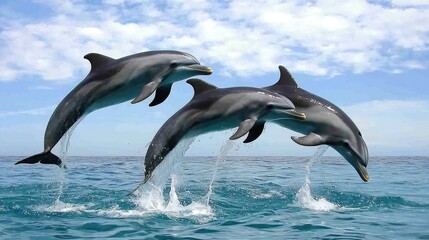 Obraz premium Three dolphins leap gracefully out of the ocean against a backdrop of blue skies and white clouds.